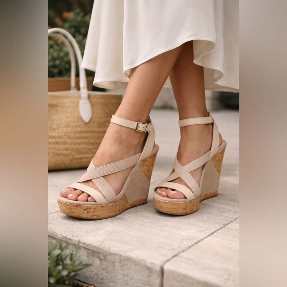 BCBGeneration Beige Cork Wedge Sandals Ankle Strap Neutral Size 8